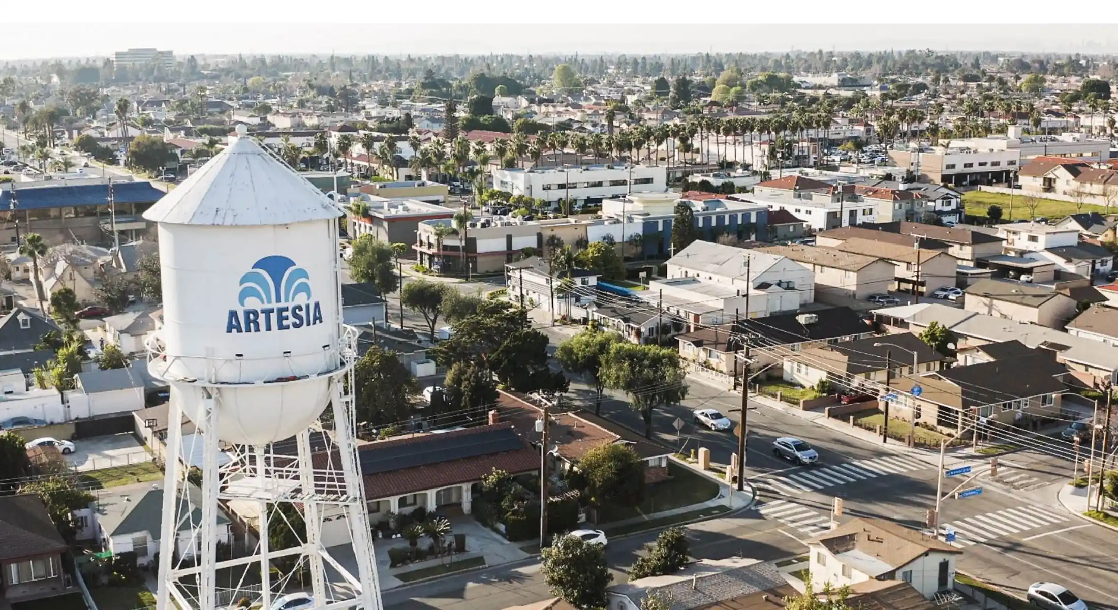 Aerial view of Artesia Crossings Apartments community